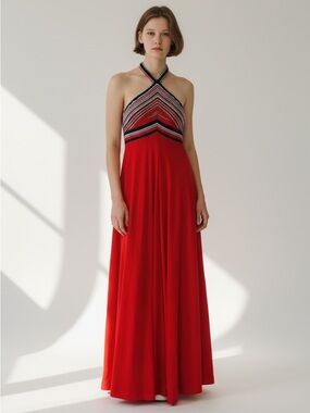 Vintage 70s Bonwit Teller Red Halter Maxi Dress XS Disco Retro Geometric